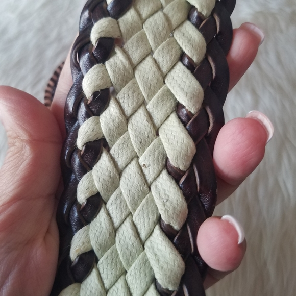 Genuine Leather Trim Woven Braided Brown & Cream Colorblock Belt from London